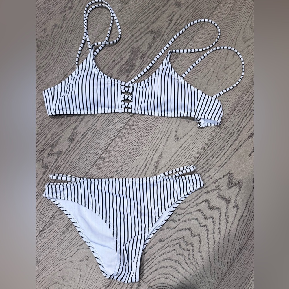 Striped White and Black Bikini Set